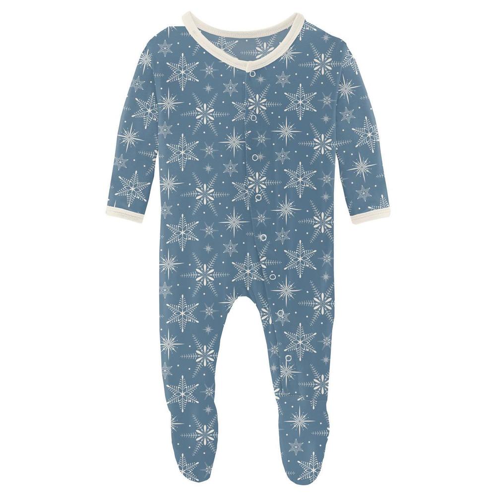 NEW KICKEE kids' print footie with snaps in parisian blue snowflakes